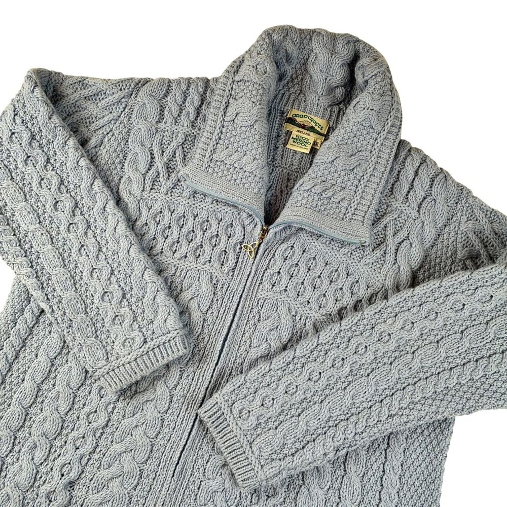 Aran Crafts Cardigan Double Collar Zip Women XXL Light Blue 100% Merino Wool